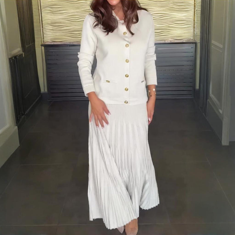 Elegant Lapel Top & Pleated Skirt Set