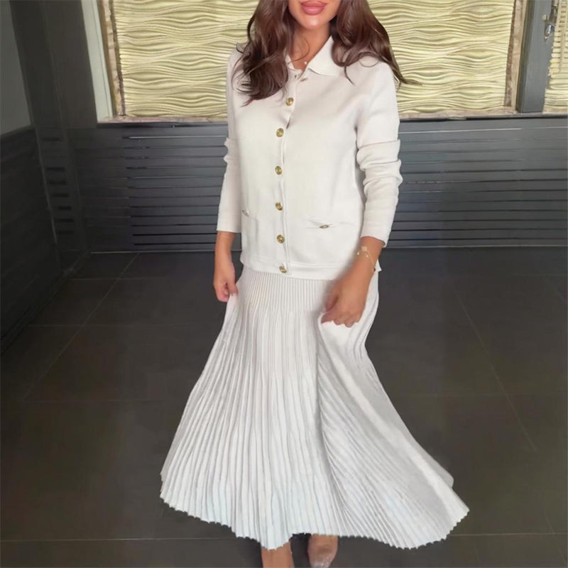 Elegant Lapel Top & Pleated Skirt Set