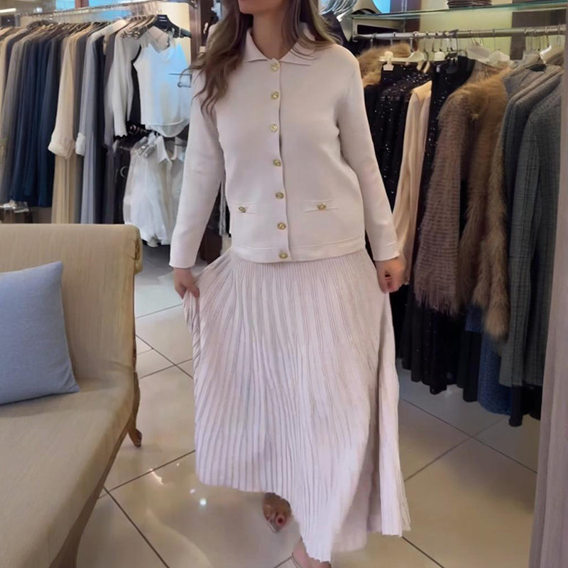 Elegant Lapel Top & Pleated Skirt Set