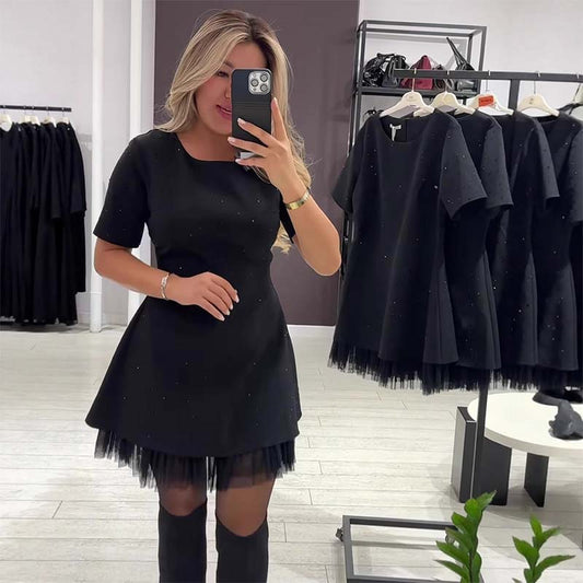 🔥Hot Sale Offers-Women’s Sparkling Lace Trim Short-Sleeve Mini Dress | Elegant & Shimmering