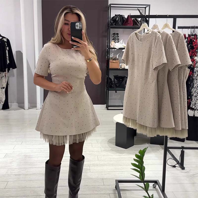 🔥Hot Sale Offers-Women’s Sparkling Lace Trim Short-Sleeve Mini Dress | Elegant & Shimmering