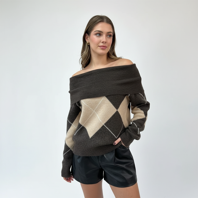 Women's Off-the-Shoulder Argyle Knit Sweater
