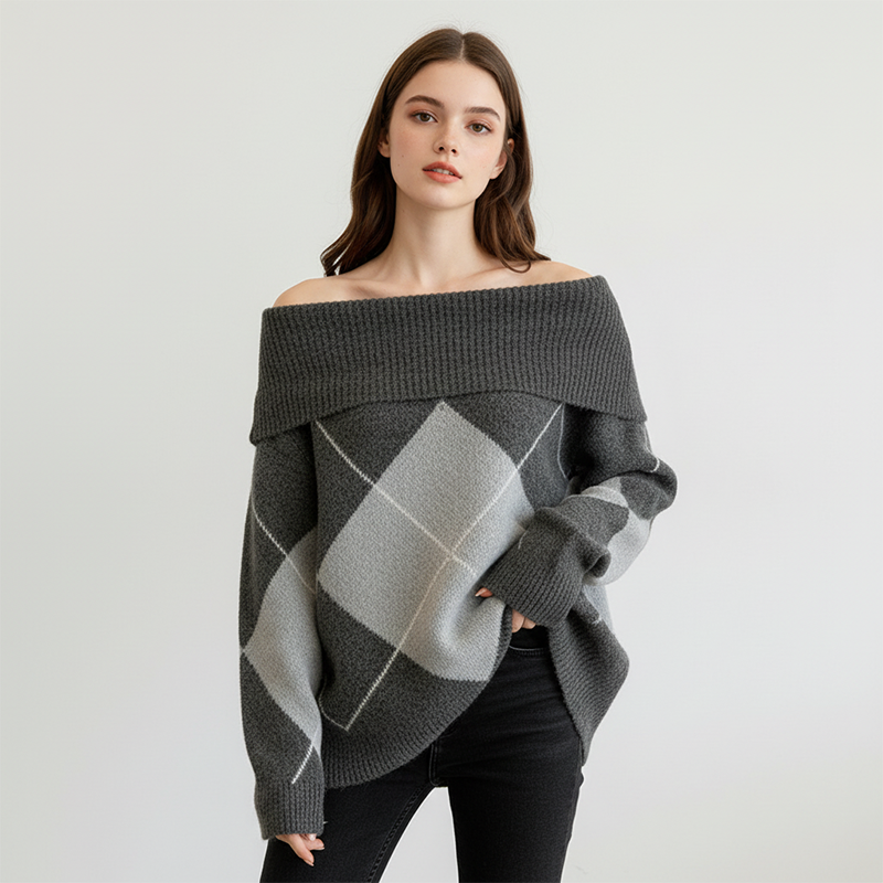 Women's Off-the-Shoulder Argyle Knit Sweater