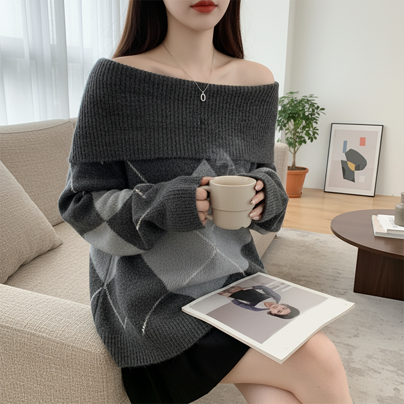 Women's Off-the-Shoulder Argyle Knit Sweater
