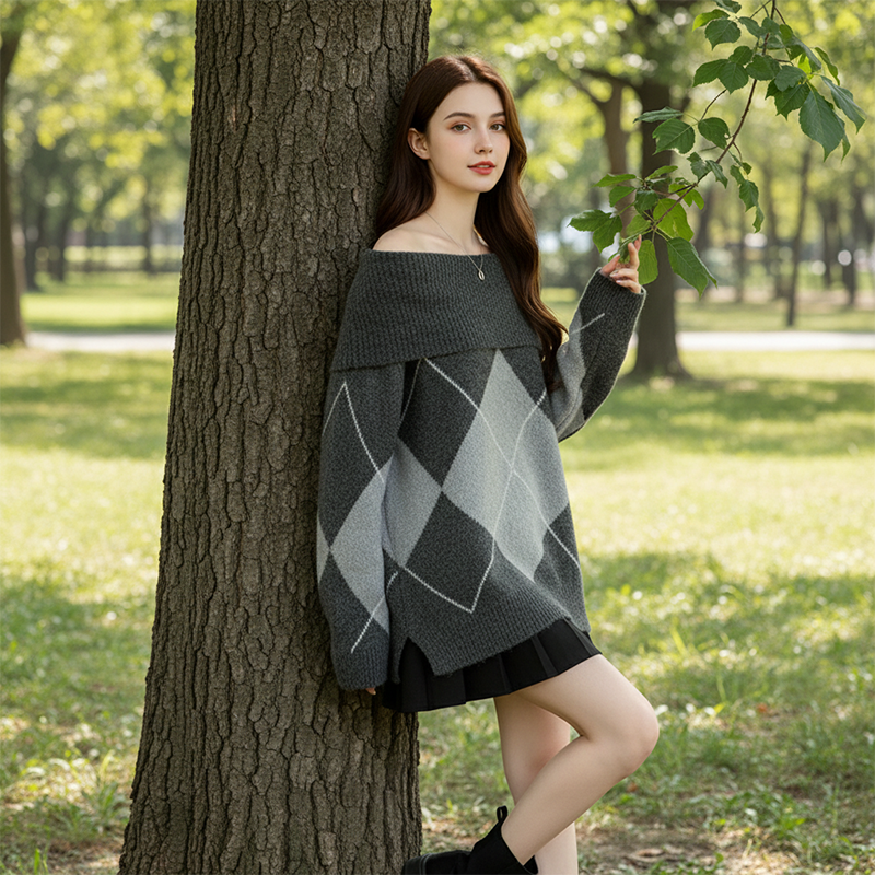 Women's Off-the-Shoulder Argyle Knit Sweater