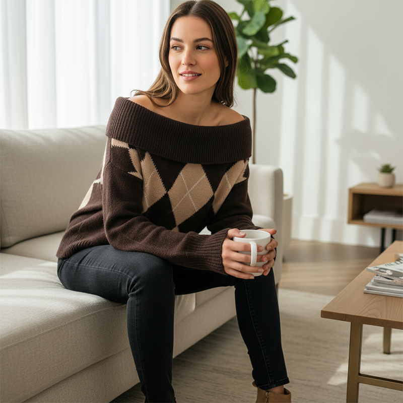 Women's Off-the-Shoulder Argyle Knit Sweater