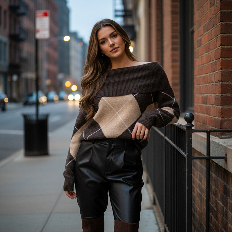 Women's Off-the-Shoulder Argyle Knit Sweater