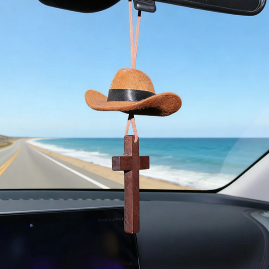🤠 49% OFF NOW! ✨ Cowboy Hat & Cross Car Charm – Religious Car Decor, Durable Metal & Easy Clip-On 🚗⛪