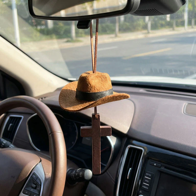 🤠 49% OFF NOW! ✨ Cowboy Hat & Cross Car Charm – Religious Car Decor, Durable Metal & Easy Clip-On 🚗⛪