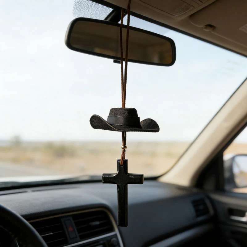 🤠 49% OFF NOW! ✨ Cowboy Hat & Cross Car Charm – Religious Car Decor, Durable Metal & Easy Clip-On 🚗⛪
