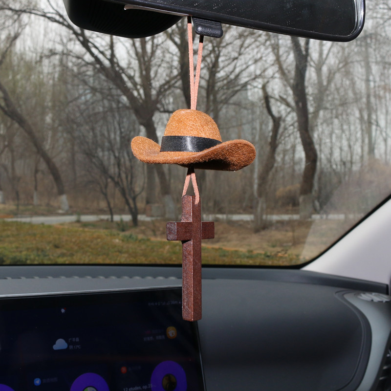 🤠 49% OFF NOW! ✨ Cowboy Hat & Cross Car Charm – Religious Car Decor, Durable Metal & Easy Clip-On 🚗⛪
