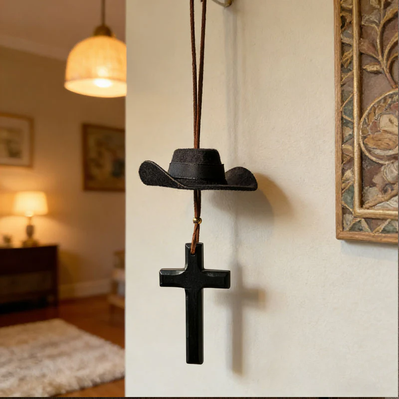 🤠 49% OFF NOW! ✨ Cowboy Hat & Cross Car Charm – Religious Car Decor, Durable Metal & Easy Clip-On 🚗⛪