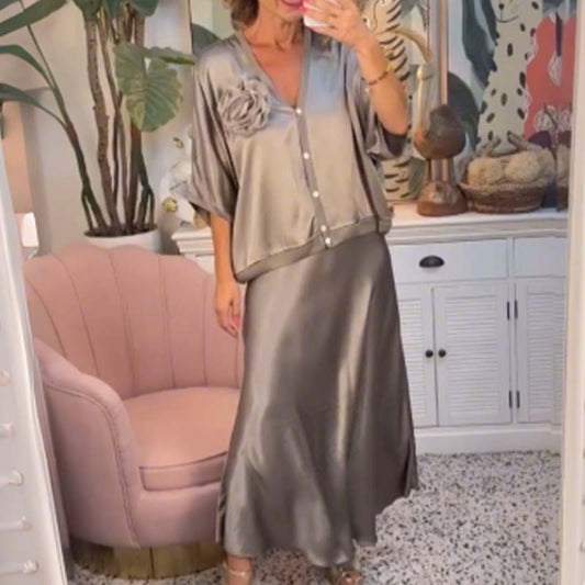 🔥Limited-time offer-Women's Half-Sleeve Satin Top & Skirt Set