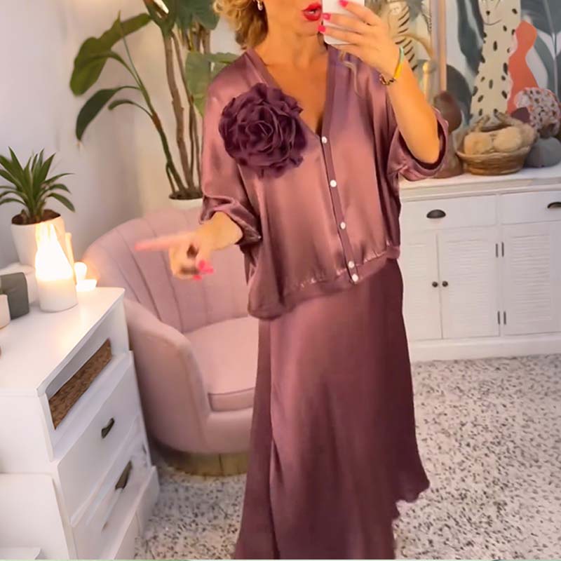 🔥Limited-time offer-Women's Half-Sleeve Satin Top & Skirt Set