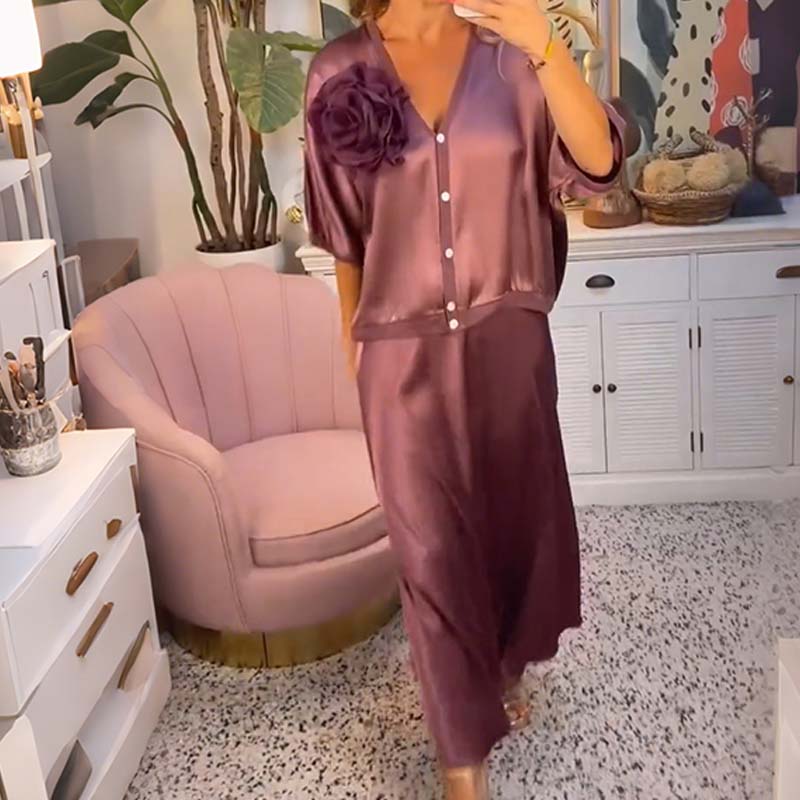 🔥Limited-time offer-Women's Half-Sleeve Satin Top & Skirt Set