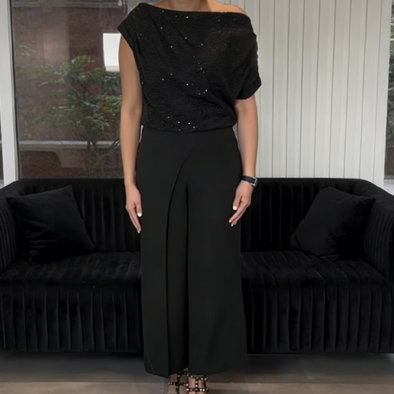 Elegant Sequin Top & Split-Front Pants Set