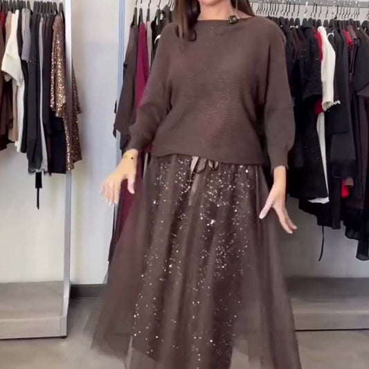 Women's Fashion Knit Top & Mesh Dress 2-Piece Set