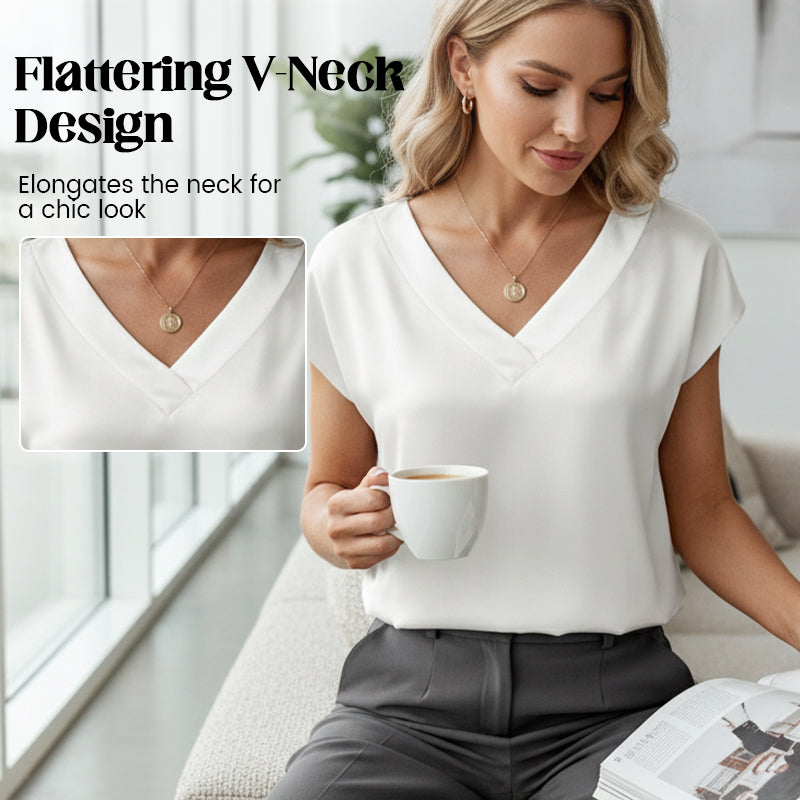 🔥Hot Sale Deals-Women's Satin V-Neck Short Sleeve Blouse