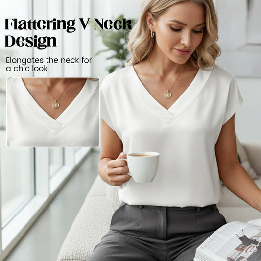🔥Hot Sale Deals-Women's Satin V-Neck Short Sleeve Blouse