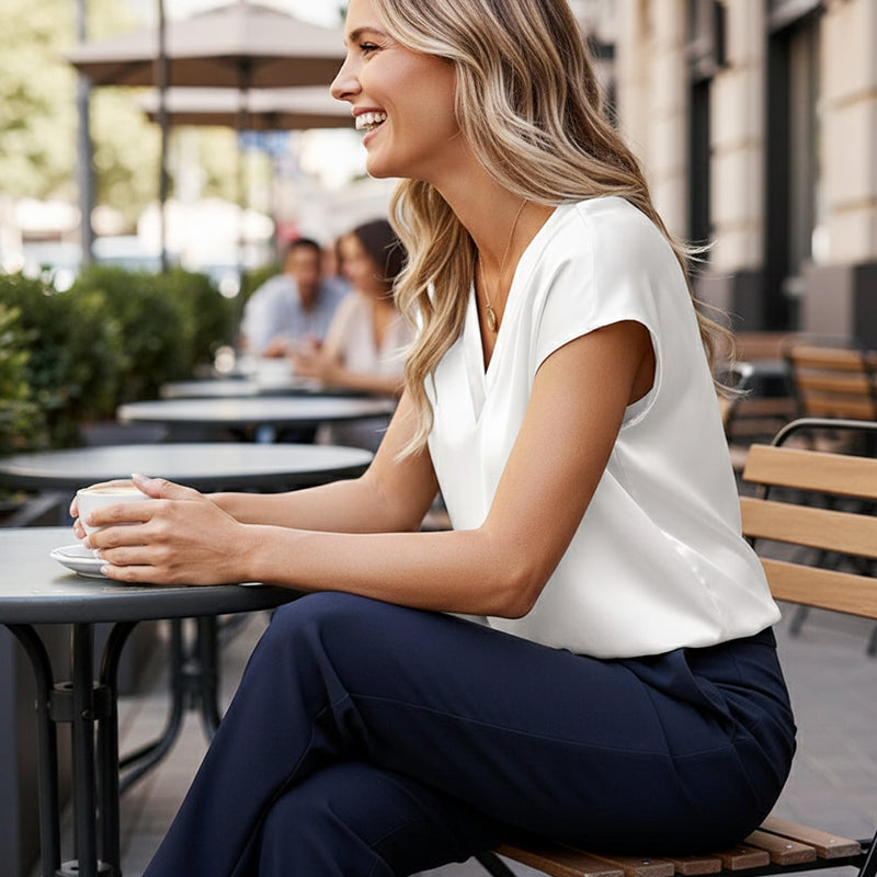 🔥Hot Sale Deals-Women's Satin V-Neck Short Sleeve Blouse