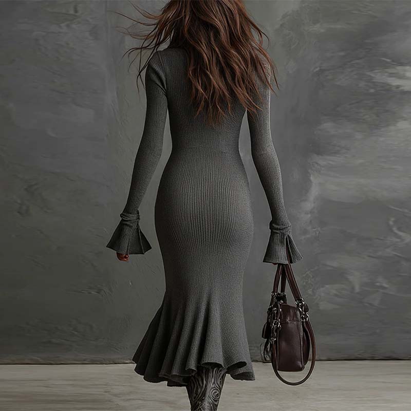 🔥New arrivals offer-Women's Zipper Lapel Flare Sleeve Knit Fishtail Dress