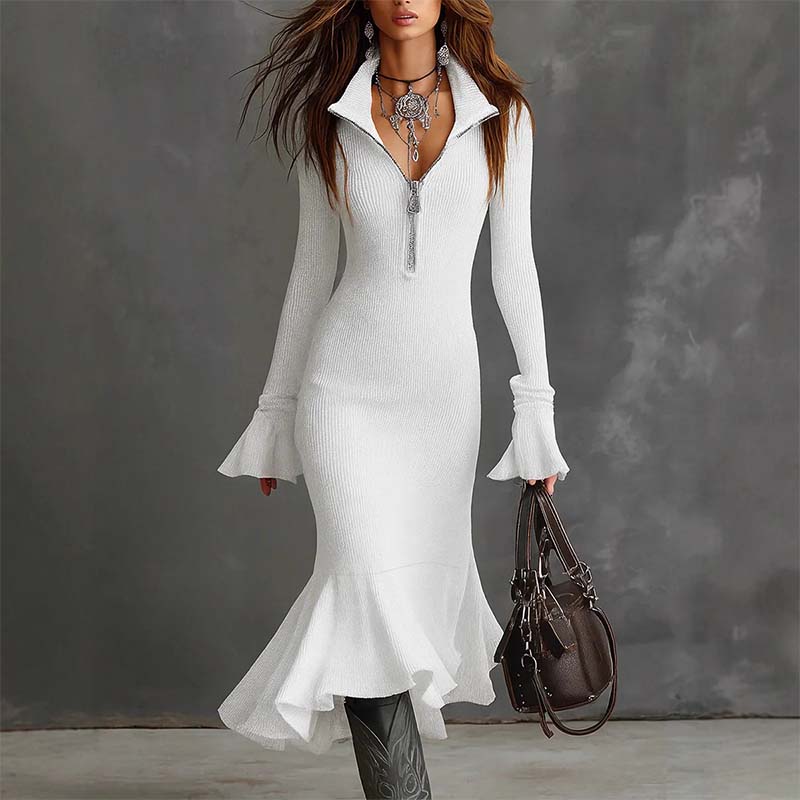🔥New arrivals offer-Women's Zipper Lapel Flare Sleeve Knit Fishtail Dress