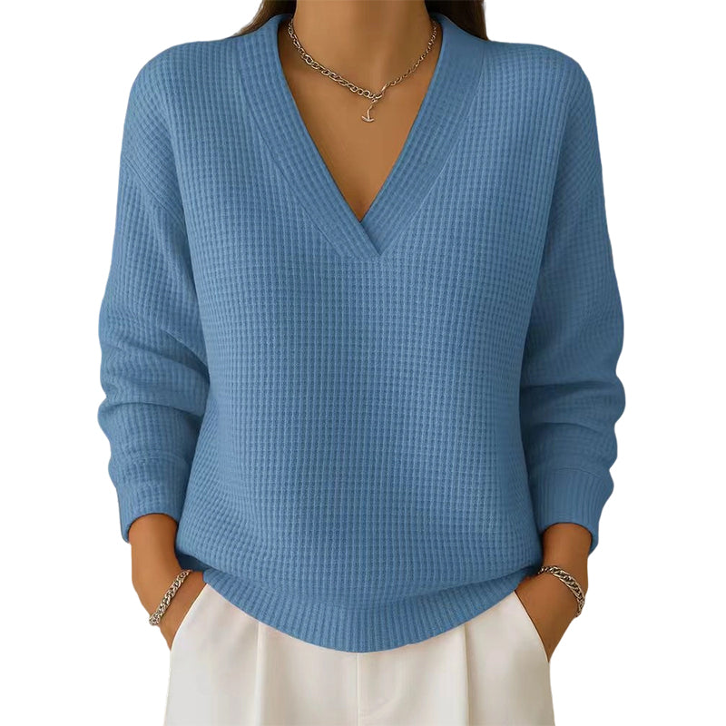 Women's Casual Long Sleeve V-Neck Waffle Knit Top
