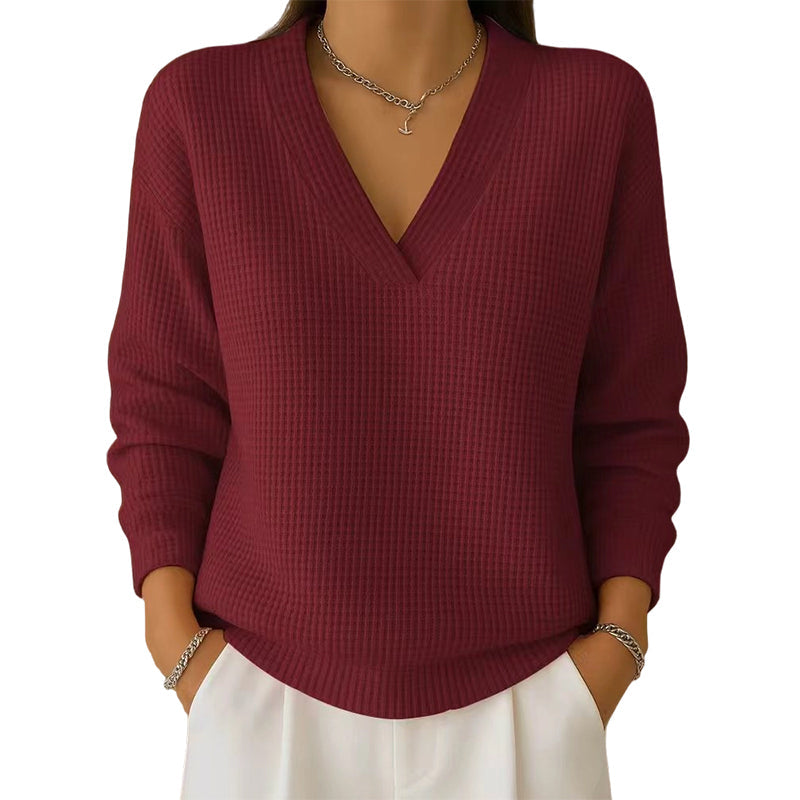 Women's Casual Long Sleeve V-Neck Waffle Knit Top