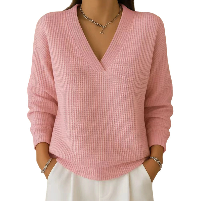 Women's Casual Long Sleeve V-Neck Waffle Knit Top