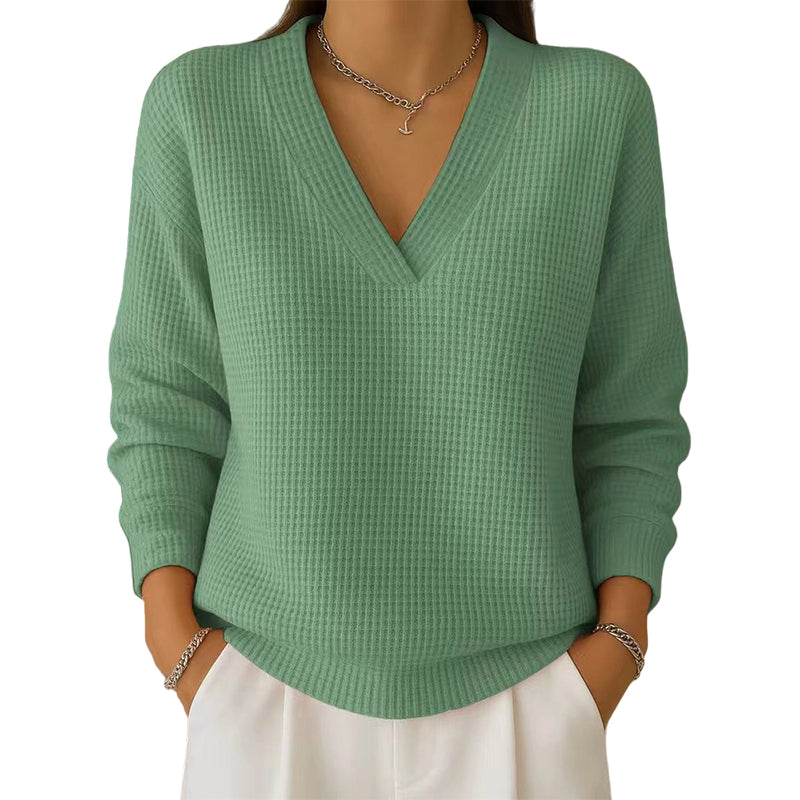 Women's Casual Long Sleeve V-Neck Waffle Knit Top