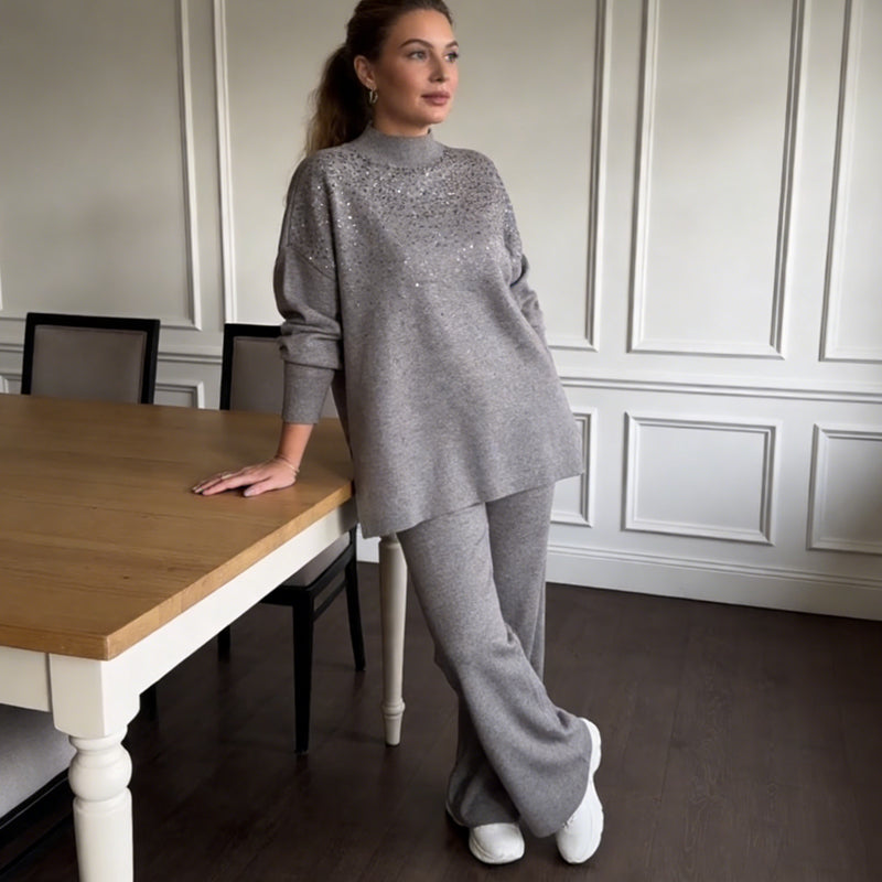 🔥New arrivals offer-Rhinestone Embellished Knit Sweater & Pants Set