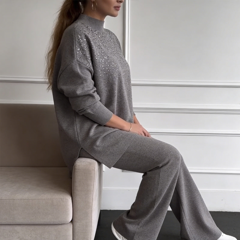 🔥New arrivals offer-Rhinestone Embellished Knit Sweater & Pants Set