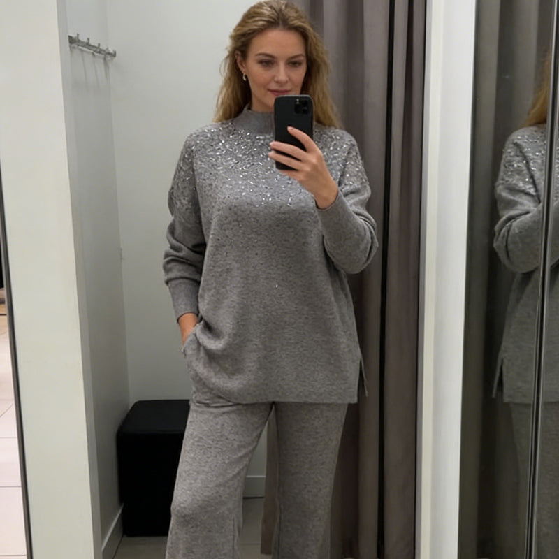 🔥New arrivals offer-Rhinestone Embellished Knit Sweater & Pants Set