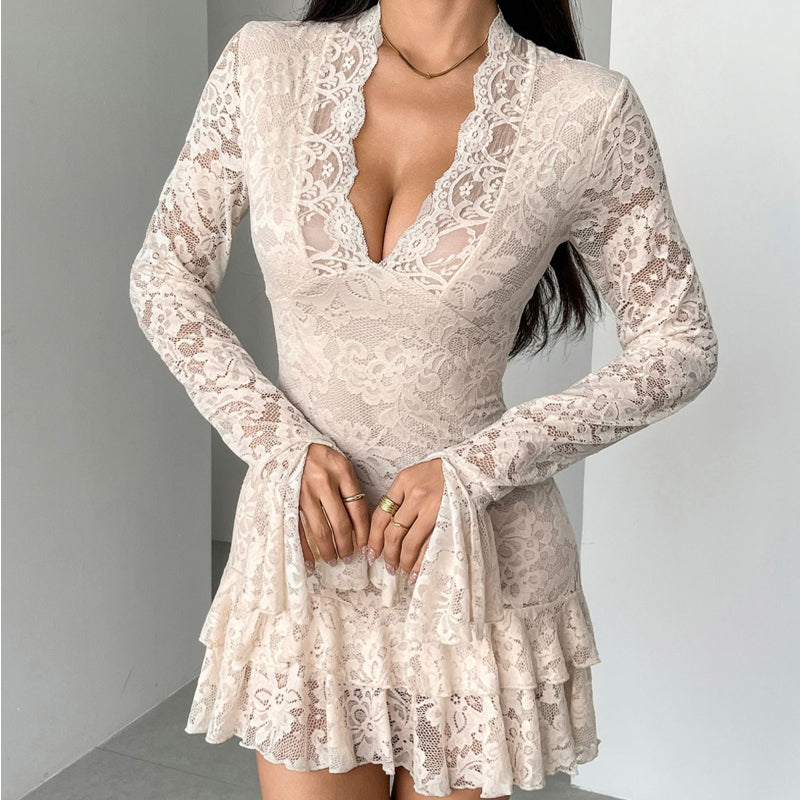 🎁2026 New Arrivals 49% OFF💥Elegant Lace V-Neck Dress with Ruffle Trim