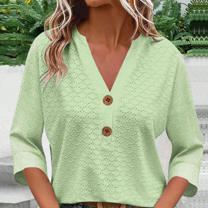🔥Limited-time offer-Women's V-Neck Button Down Eyelet Blouse