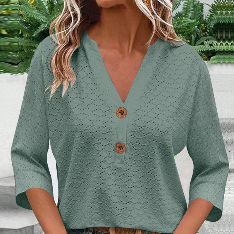 🔥Limited-time offer-Women's V-Neck Button Down Eyelet Blouse