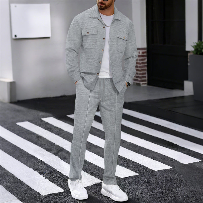 🔥 Men's Waffle Button-Up Jacket & Trousers Set – Breathable Waffle Knit, Relaxed Fit & Effortless Casual Style 👕👖