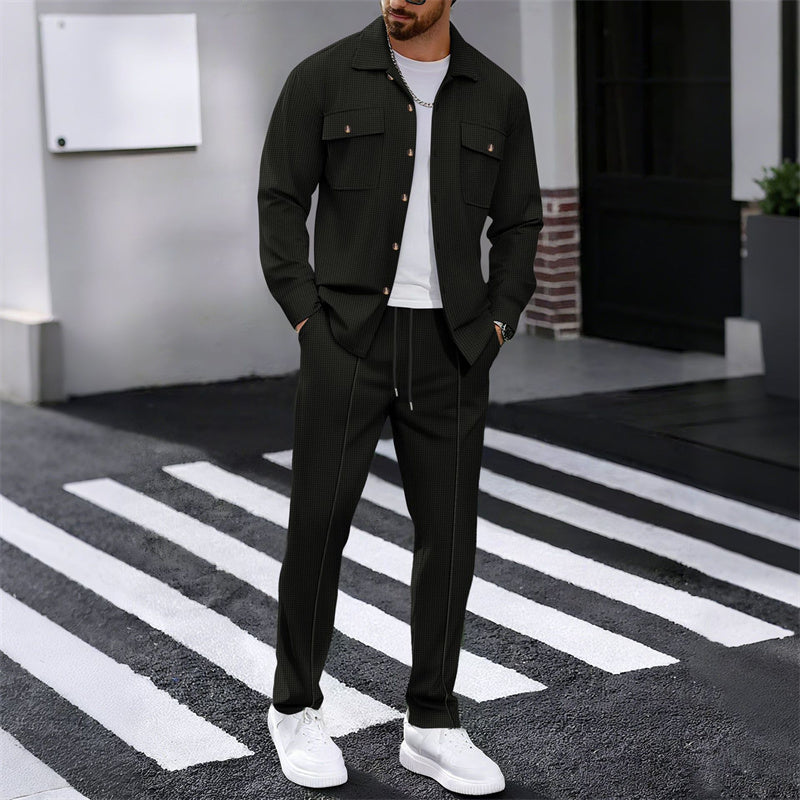 🔥 Men's Waffle Button-Up Jacket & Trousers Set – Breathable Waffle Knit, Relaxed Fit & Effortless Casual Style 👕👖