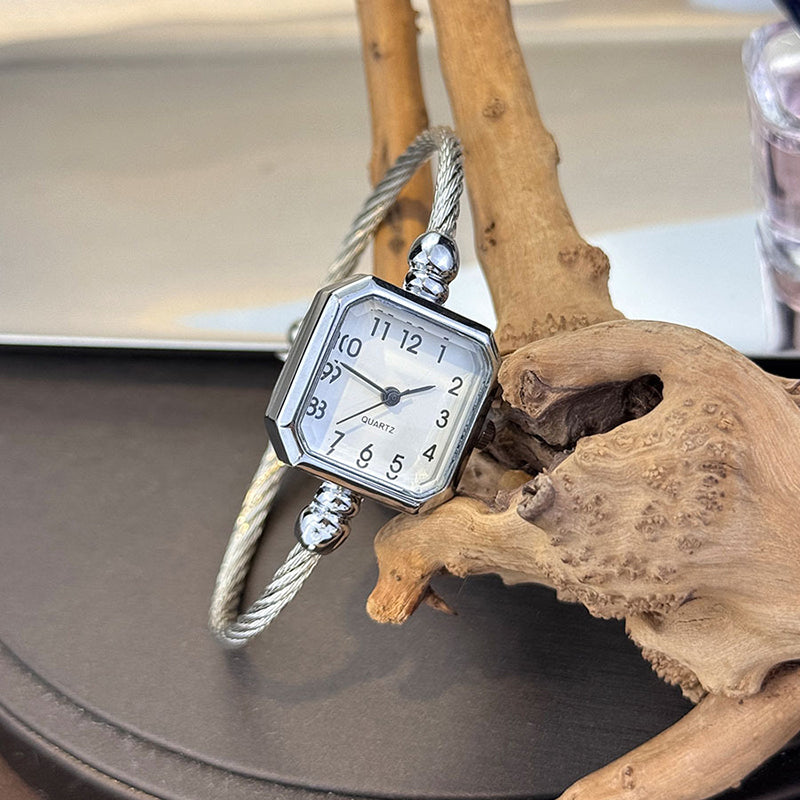 Chic Open-Cuff Bangle Watch with Square Dial