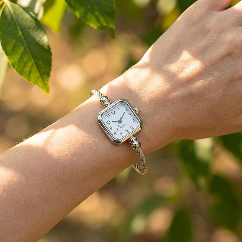 Chic Open-Cuff Bangle Watch with Square Dial