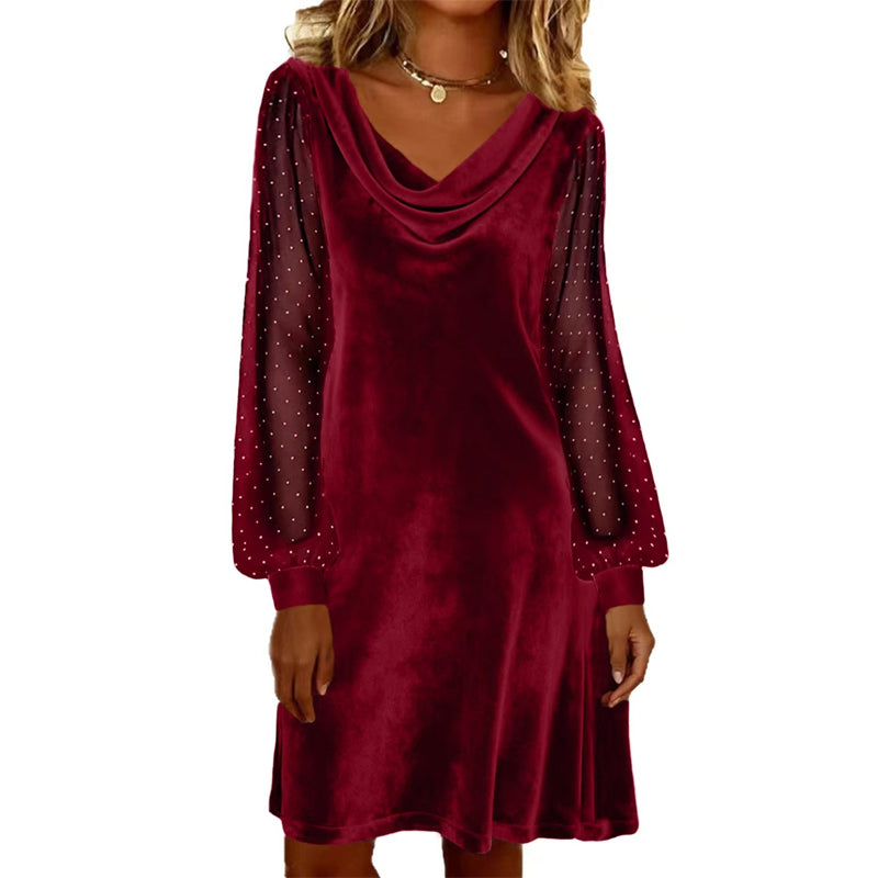 Trending Now👗✨ Cowl Neck Dress with Sparkly Mesh Sleeves – Relaxed Shift Silhouette & Glamorous Detail for Evening Events