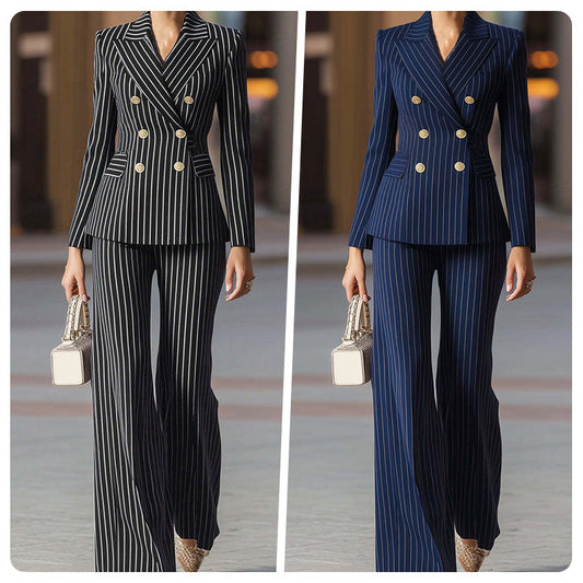 📢 56% OFF!! ⏰ Women's Pinstripe Double-Breasted Suit Set – Structured Blazer & Wide-Leg Trousers for Power & Elegance ✨