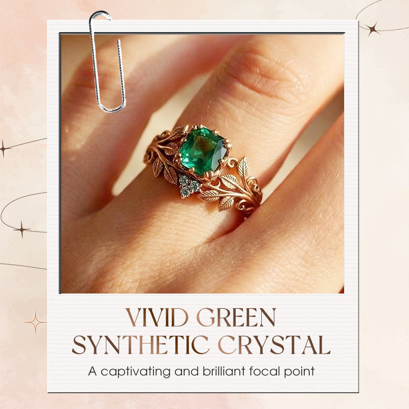 🔥🎁New arrival 50% OFF💥Green Synthetic Crystal Ring with Intricate Leaf