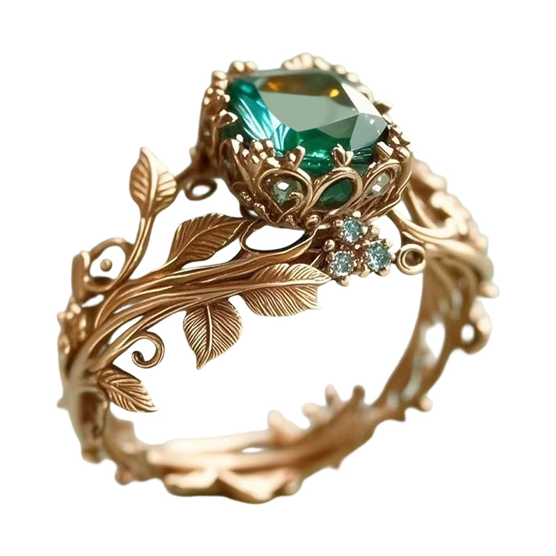 🔥🎁New arrival 50% OFF💥Green Synthetic Crystal Ring with Intricate Leaf