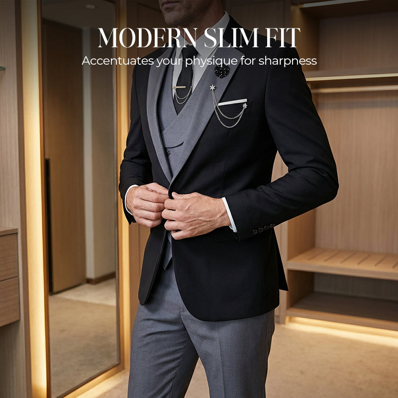 💎 50% OFF! 💎 Modern Contrast Color Wedding Suit – 3-Piece Slim-Fit Set in Bold Black & Light Blue (8 Colors!) 👔✨