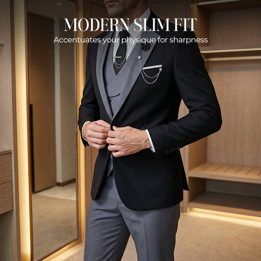 💎 50% OFF! 💎 Modern Contrast Color Wedding Suit – 3-Piece Slim-Fit Set in Bold Black & Light Blue (8 Colors!) 👔✨