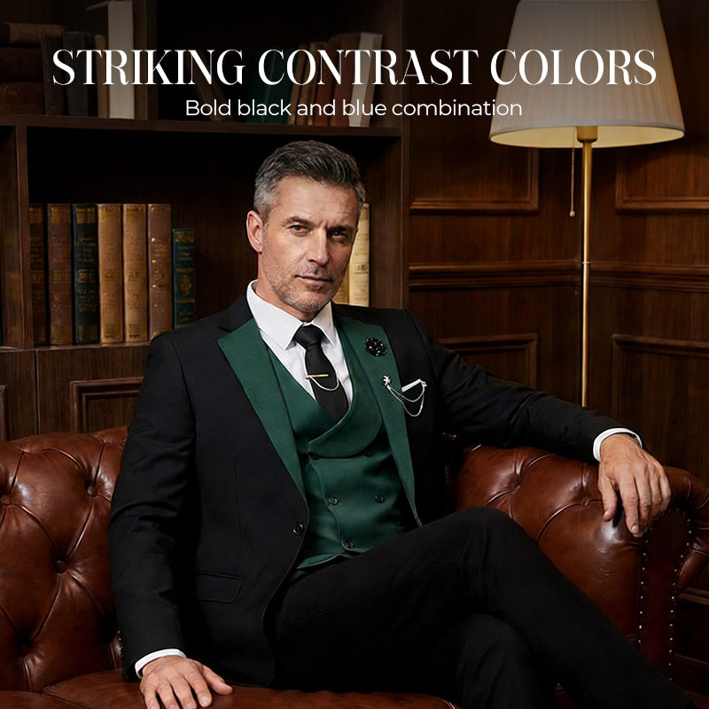 💎 50% OFF! 💎 Modern Contrast Color Wedding Suit – 3-Piece Slim-Fit Set in Bold Black & Light Blue (8 Colors!) 👔✨