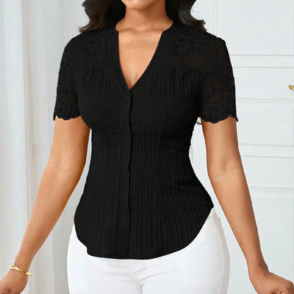 🔥Limited-time offer-Women's V-Neck Lace Sleeve Button Down Summer Blouse
