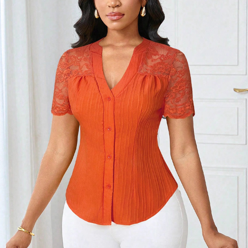🔥Limited-time offer-Women's V-Neck Lace Sleeve Button Down Summer Blouse