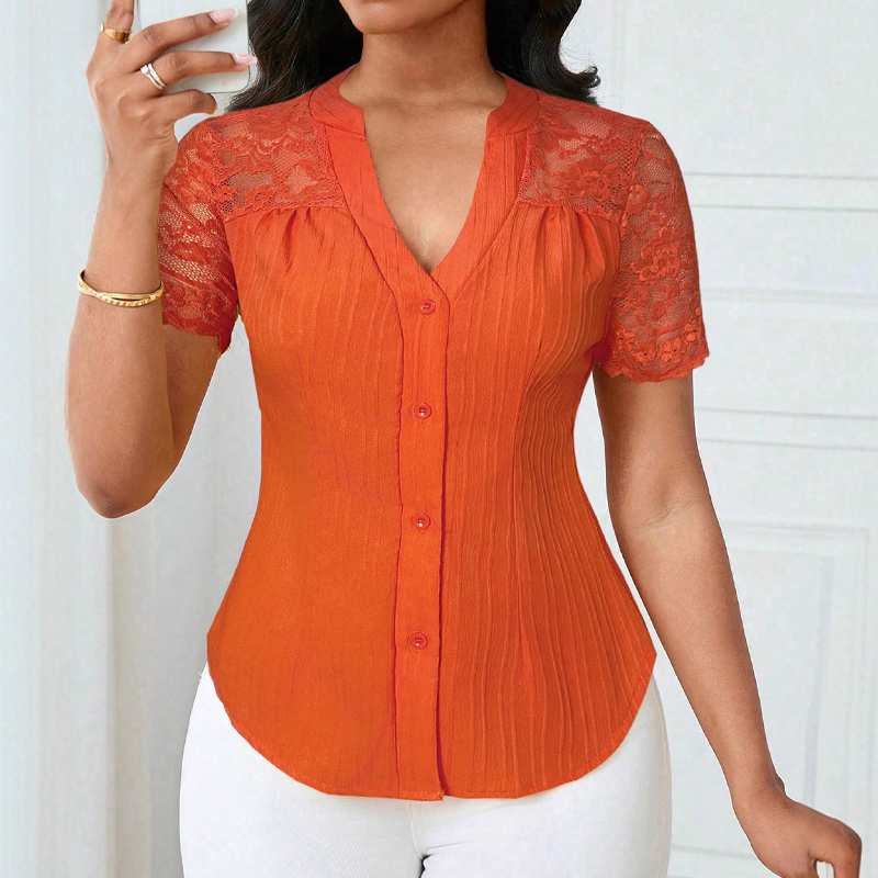 🔥Limited-time offer-Women's V-Neck Lace Sleeve Button Down Summer Blouse